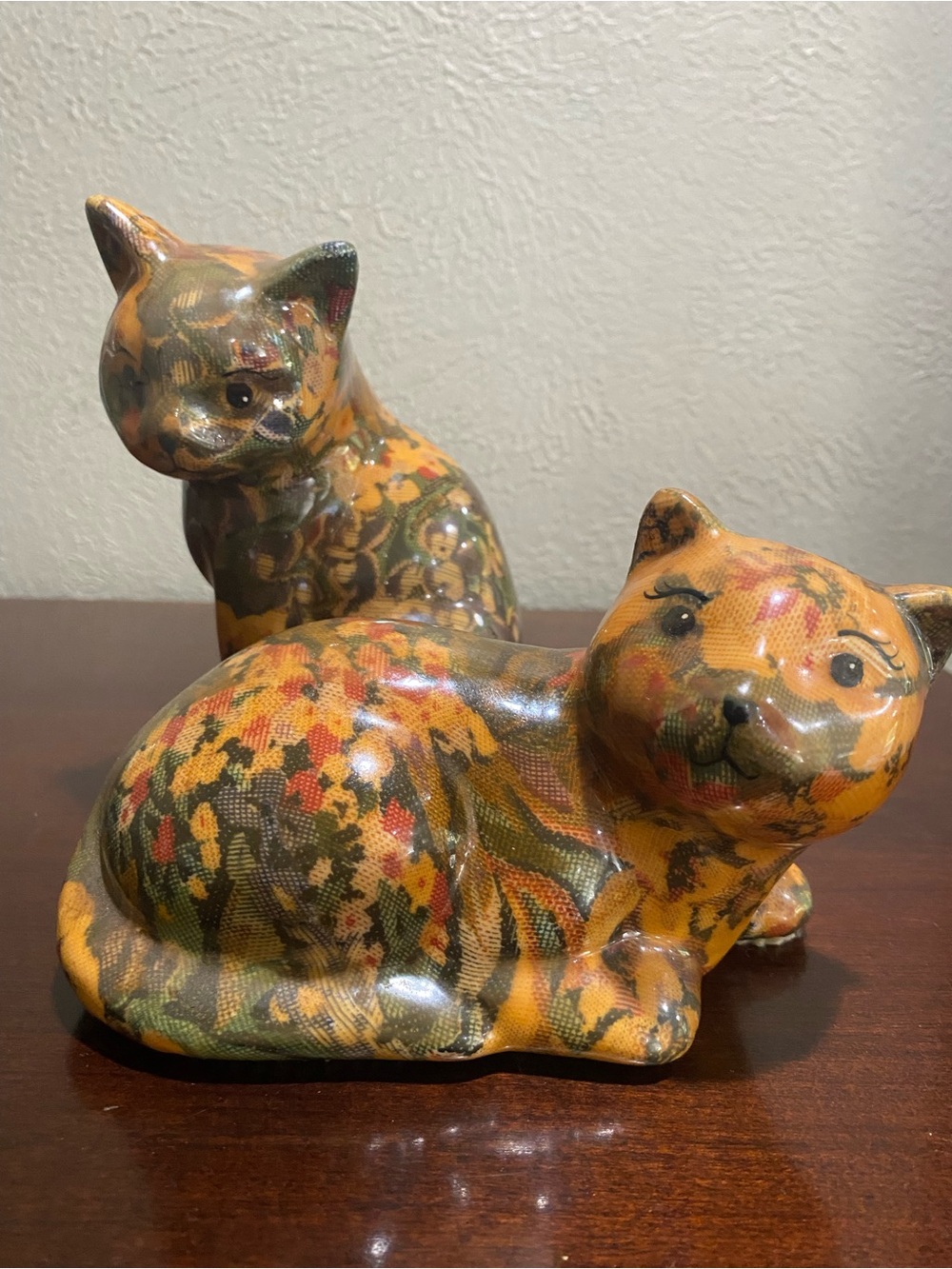 Vintage, Set of 2, Decoupage Ceramic Cat Figurines with a Patchwork Pattern